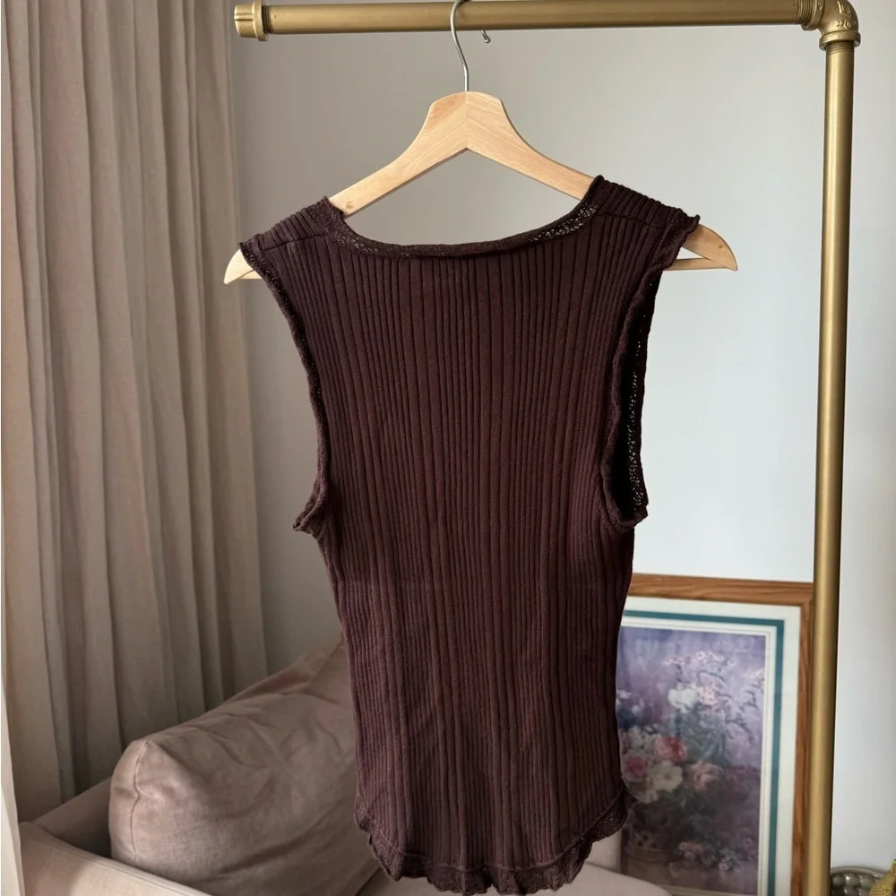 Zara Ribbed Knit Top Chocolate Brown Fitted Minimal Chic, L